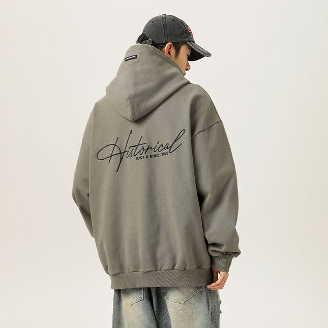 Retro Heavy Hooded Sweater Men's Autumn And Winter High Street American Letter Embroidery