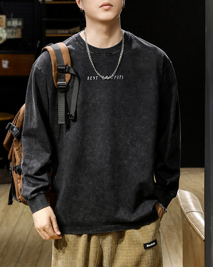 American-style Washed-out Vintage Long-sleeved T-shirt For Men