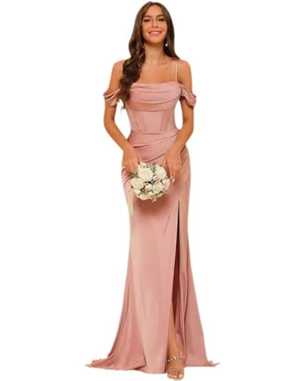 Off-the-shoulder Satin Bridesmaid Corset Ball Gown