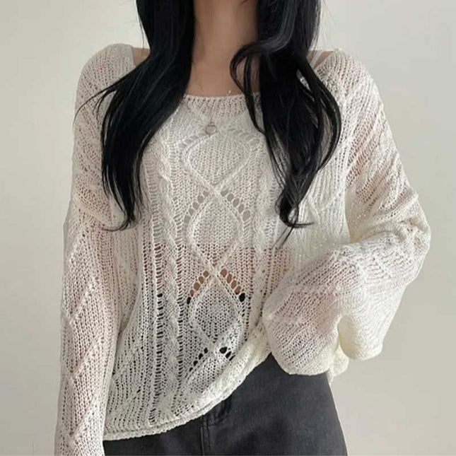 Hollow Jacquard Sun Protection Shirt Knitted Blouse Women Loose Thin Top