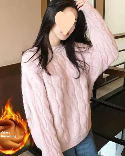 Autumn And Winter Female Students Fleece-lined Thickened Cable-knit Sweater