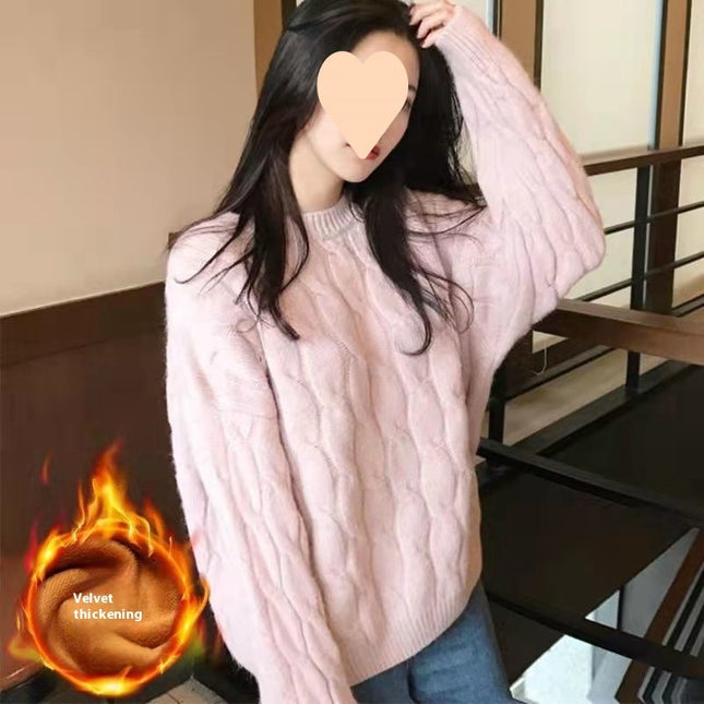 Autumn And Winter Female Students Fleece-lined Thickened Cable-knit Sweater