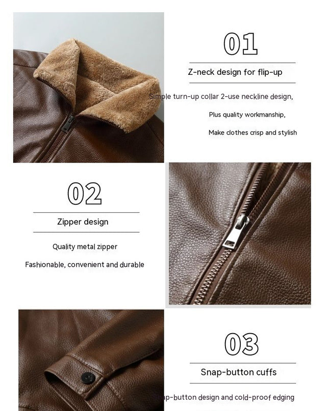 Men's Leather Lapel Fleece Padded Coat