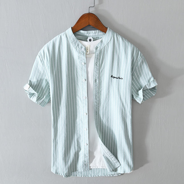 English Letter Stripes Short Sleeve Embroidered Shirt Men's Clothing