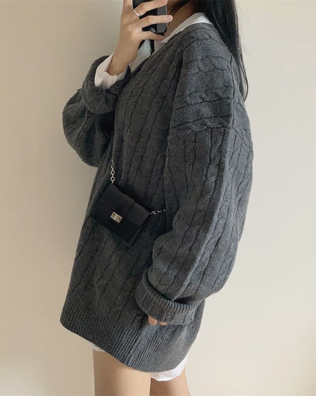 V-neck Mid-length Sweater Thick Long-sleeved Knitted Top