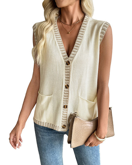 Classic Style Contrast Color Sleeveless Cardigan Knitted Vest Top For Women
