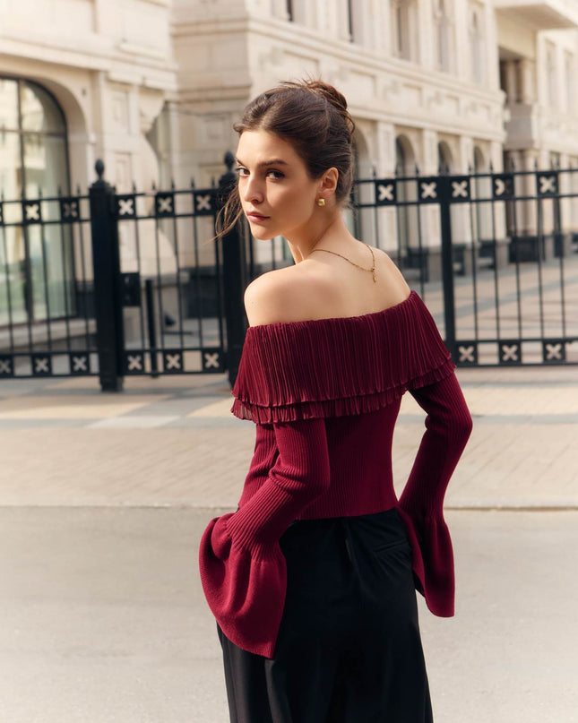 Off-shoulder Collar Long Sleeve Clinch Splicing Knitwear