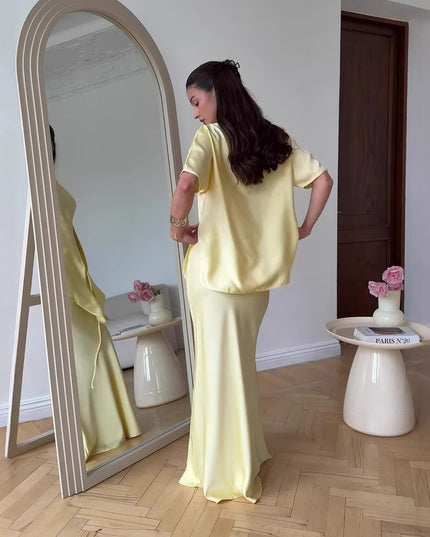 Short Sleeve Tied Top & Maxi Mid-length Dress Set