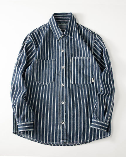 Retro Washed Striped Long Sleeve Denim Shirt