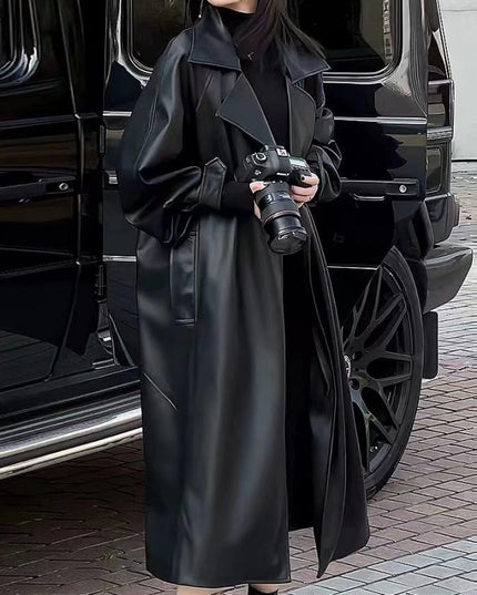 Women's Fashionable Temperament Long Knee Length PU Leather Coat