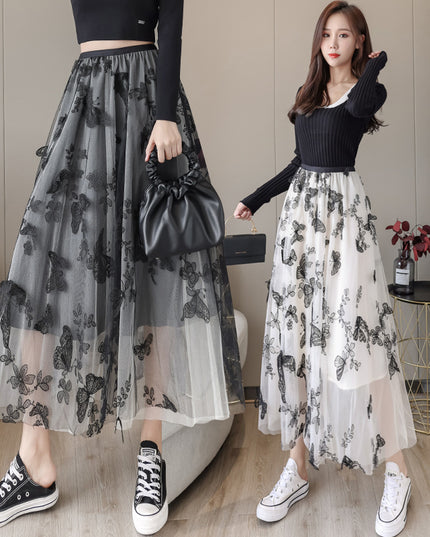 Embroidered Bow Lace Mesh Skirt Women's Mid-length