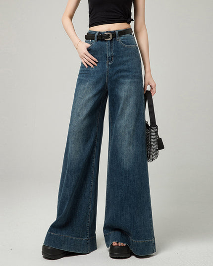 Dark Blue Narrow Version Korean Simple High Waist Loose Small Mop Wide Leg Pants