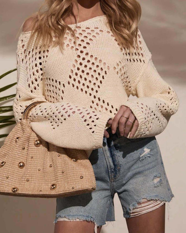 Hollow-out Off-shoulder Long Sleeve Knitted Sweater