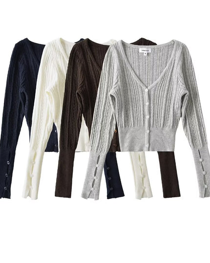 American Hot Girl Pure Desire Sexy V-neck Single-breasted Long Sleeve Sweater
