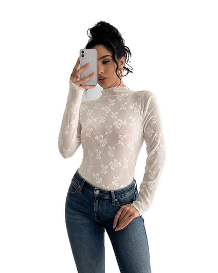 Butterfly Jacquard Mesh Slim Fit Stand-up Collar Long-sleeved