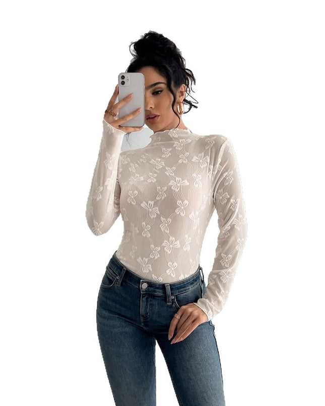 Butterfly Jacquard Mesh Slim Fit Stand-up Collar Long-sleeved