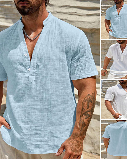 Men's Cotton And Linen Double-layer Solid Color Cuban Collar Short Sleeve Shirt