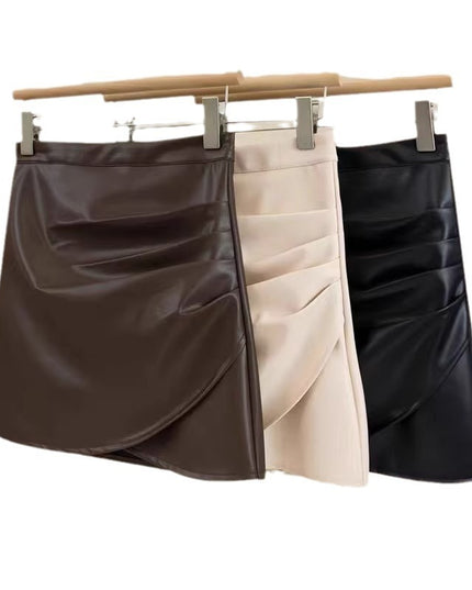 Black Small Leather Skirt Women's Springautumnwinter High Waist Ruffle Hip Short Skirt