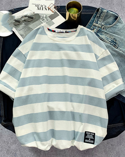 Men's Striped short sleeve T-shirt fat trend to add fat