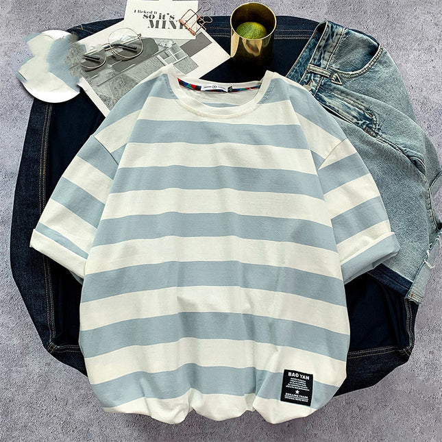 Men's Striped short sleeve T-shirt fat trend to add fat