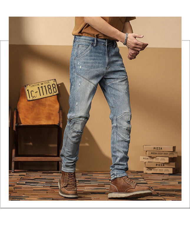 Motorcycle Jeans Korean Style Slim-fitting Ankle-tied High-end Men's Casual All-matching Stretch Pants