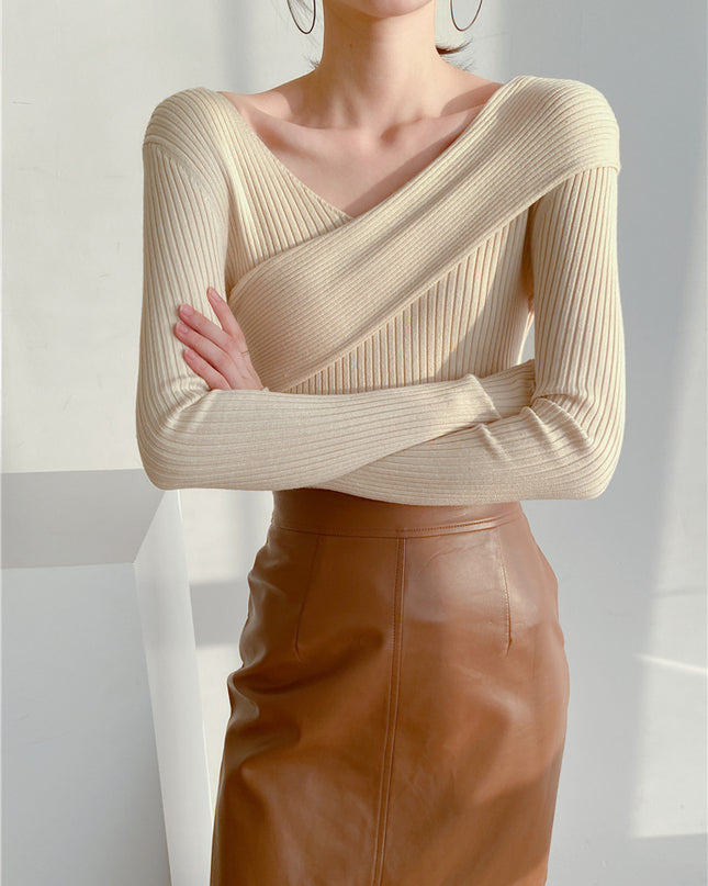Crossbody Off-the-shoulder V-neck Cross-wire Knitted Sweater