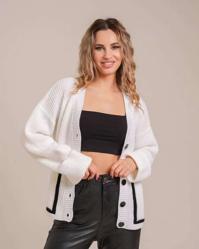 Loose-fitting V-neck Pocket Contrast Color Knitted Cardigan Sweater Coat