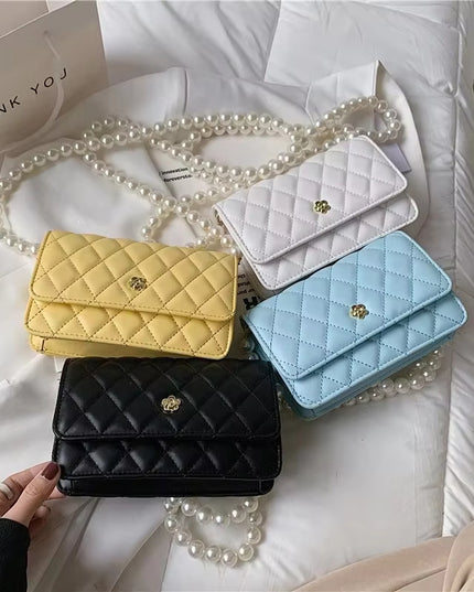 New Diamond Grid Pearl Chain Women's Cross-body Bag