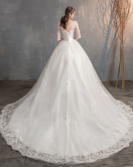 Wedding Dress Trailing Deep V Neck Lace High Waist Wedding Dress Long Sleeves