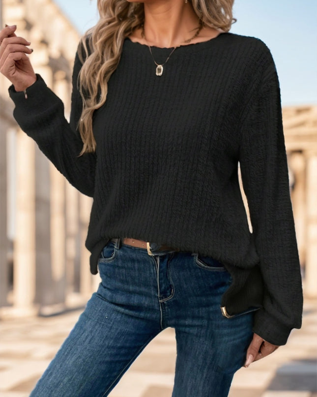 Women Plain Collar Rib Knit Casual Basic T-Shirt Blouse