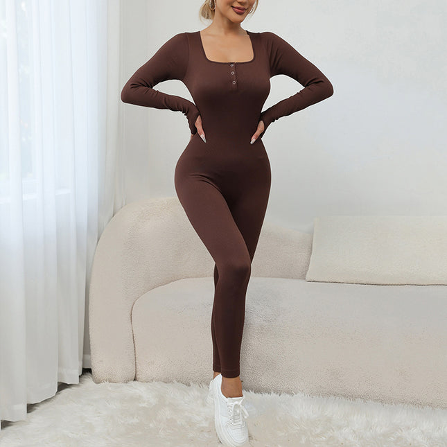 Square Collar Long Sleeve Thread Seamless Yoga Bodysuit