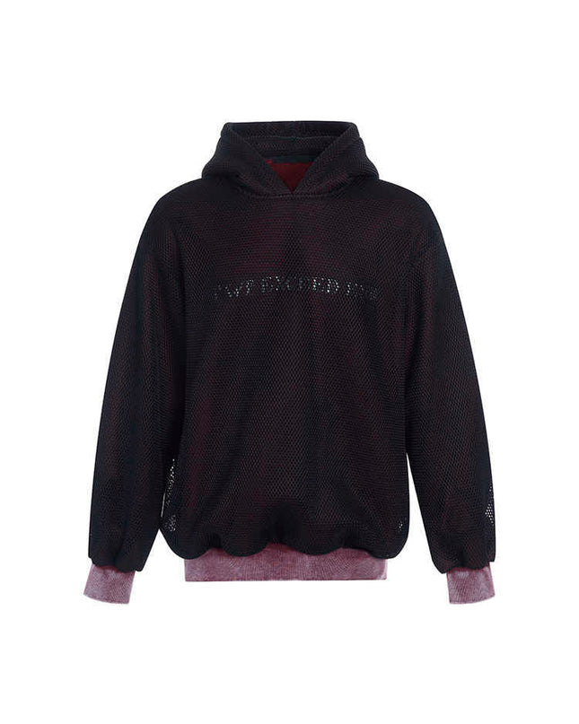 Niche Hollow Out Knitmesh Hooded Fleece Lined Sweater