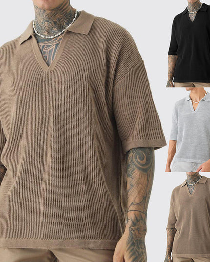 Men's Short-sleeved Shirt Casual Polo Collar Small V-neck Fashion Shirt