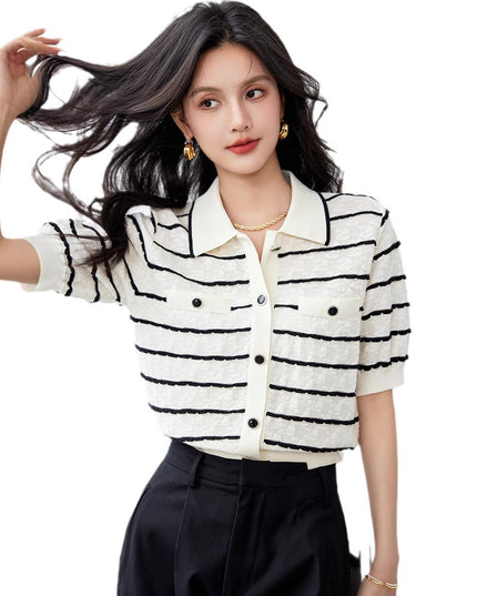 Elegant Polo Collar Striped Women's Contrast Colors Slimming Knitted Short Sleeve