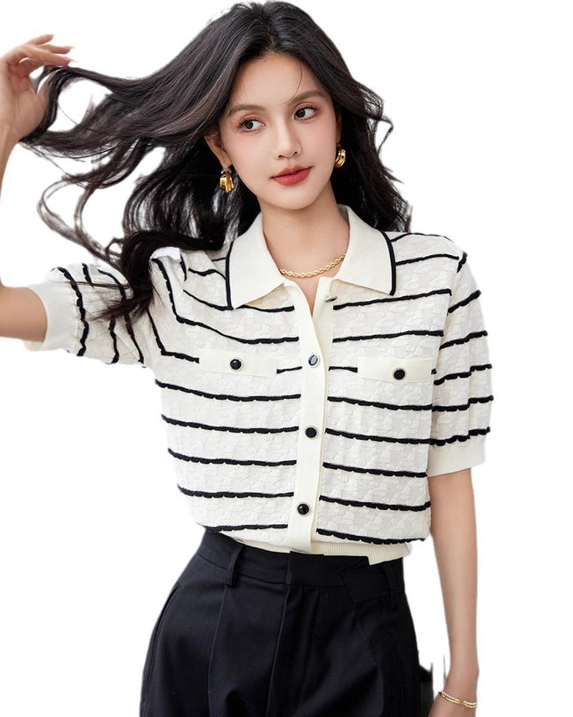 Elegant Polo Collar Striped Women's Contrast Colors Slimming Knitted Short Sleeve