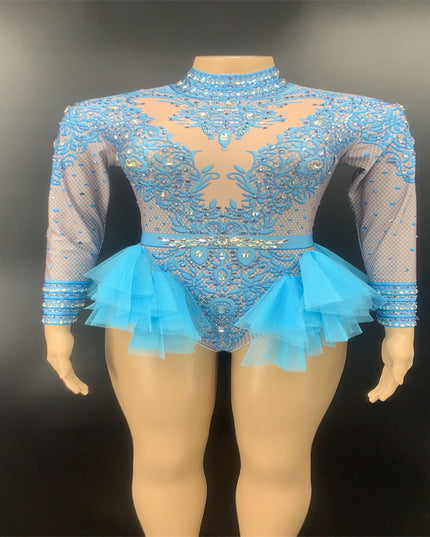 Dance Sexy Shiny Rhinestone Mesh Jumpsuit Stage Performance Costume Women