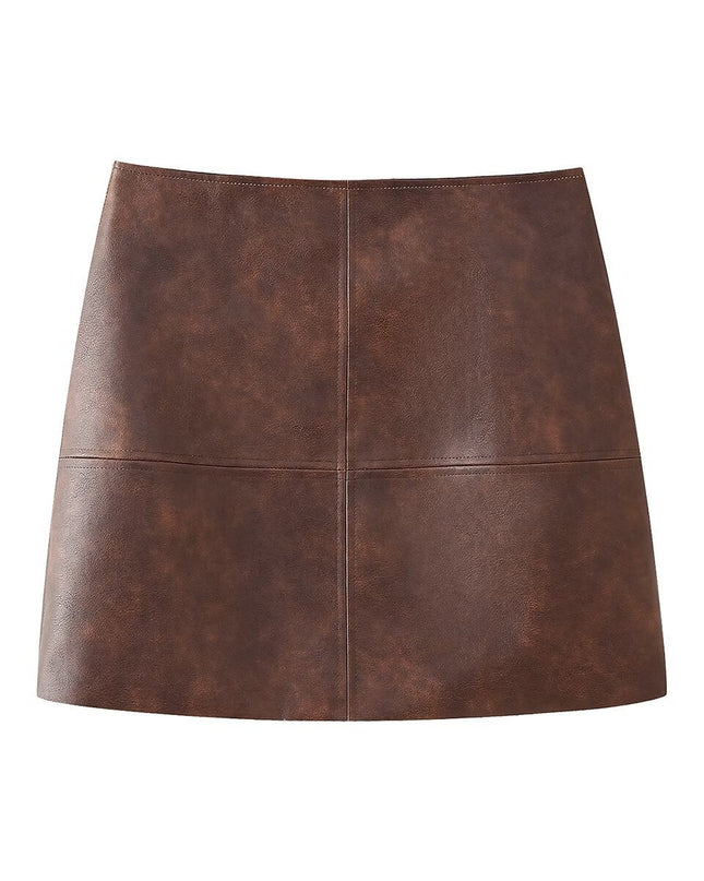 Women's Retro Lapels Long-sleeved Zipper Leather Jacket Skirt