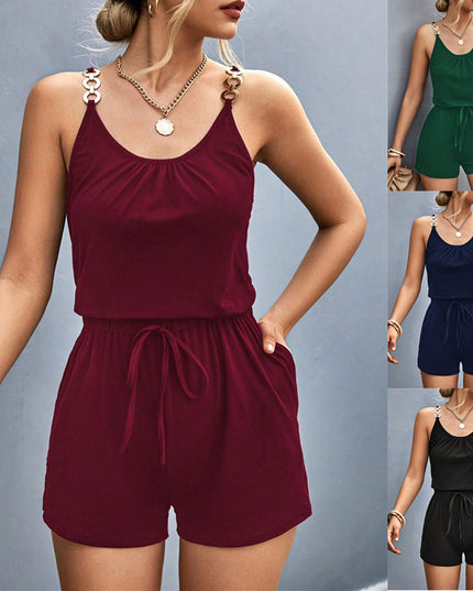 Women's Summer Fashion Pleated Stitching Metal Strap Jumpsuit