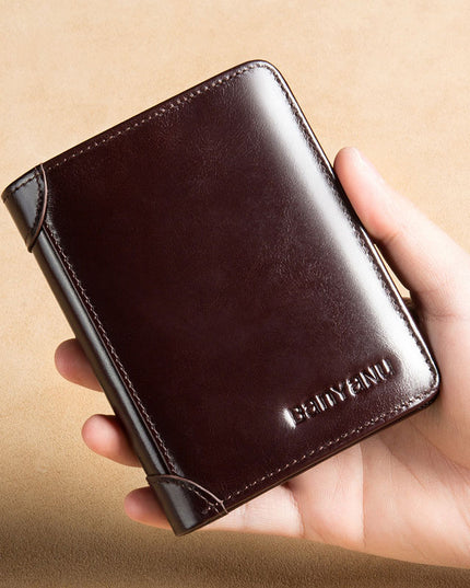 Men's Short Matte Leather Tri-fold Vertical Wallet