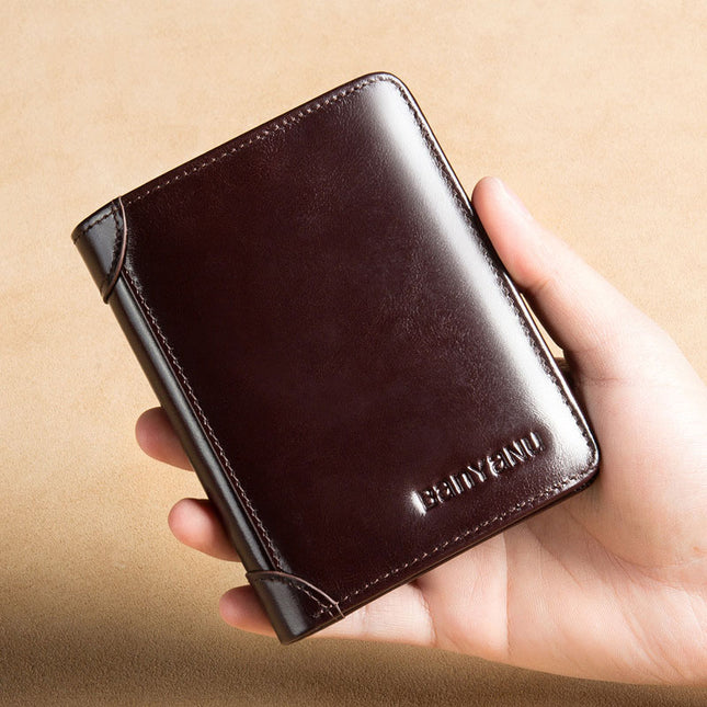 Men's Short Matte Leather Tri-fold Vertical Wallet