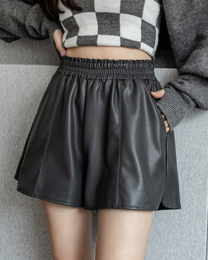 PU Leather Elastic Waist Autumn And Winter A- Line Small High Waist Slimming Outside Wear Casual Shorts