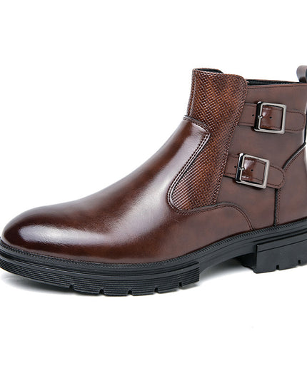 High-top British Double Buckle Slip-on Leather Boots 2023 Autumn And Winter