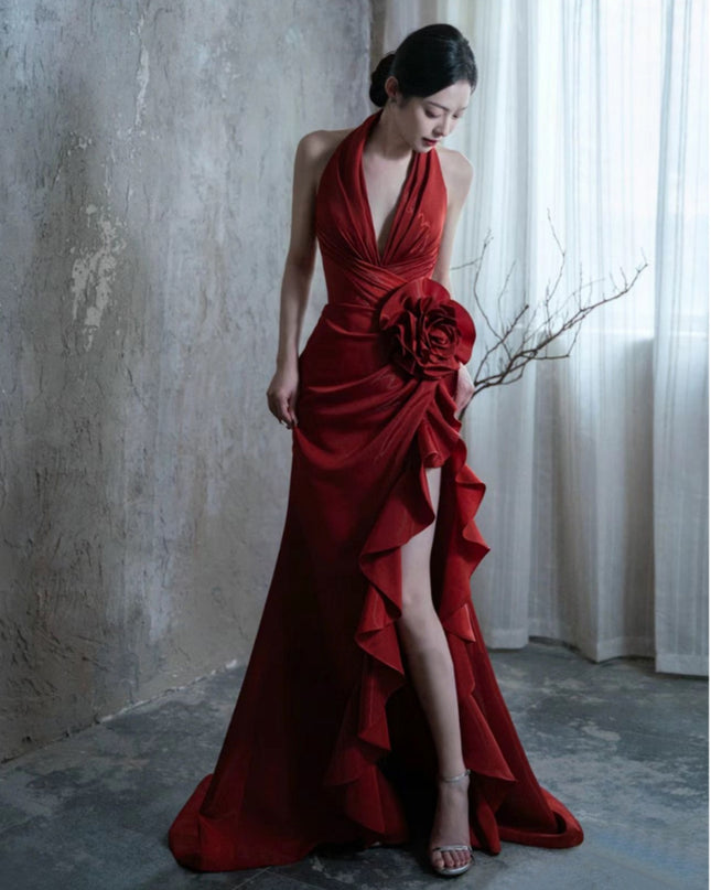 Socialite Style Wine Red Elegant Halter Bride Wedding Toast Dress