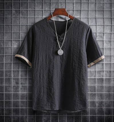 Vintage Linen V-Neck Short Sleeve T-Shirt Running Volume