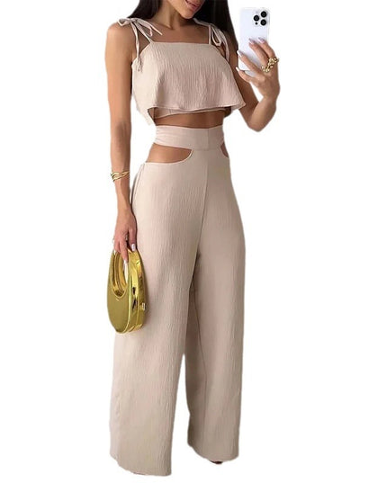 Cross-border Solid Color Sling Top Casual Hollow-out Trousers Suit