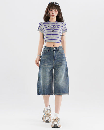 Women's American-style Retro High Street Denim Cropped Pants Summer
