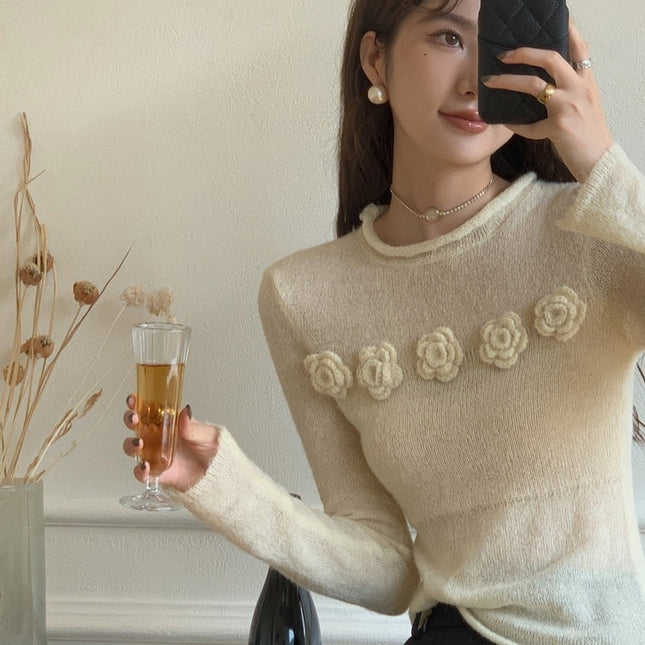 Micro Transparent Flower Sweater New Korean Version Elegant Round Neck Knitted Top