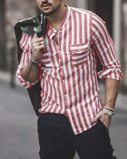 Striped Men's Stand Collar Long Sleeve Casual Shirt