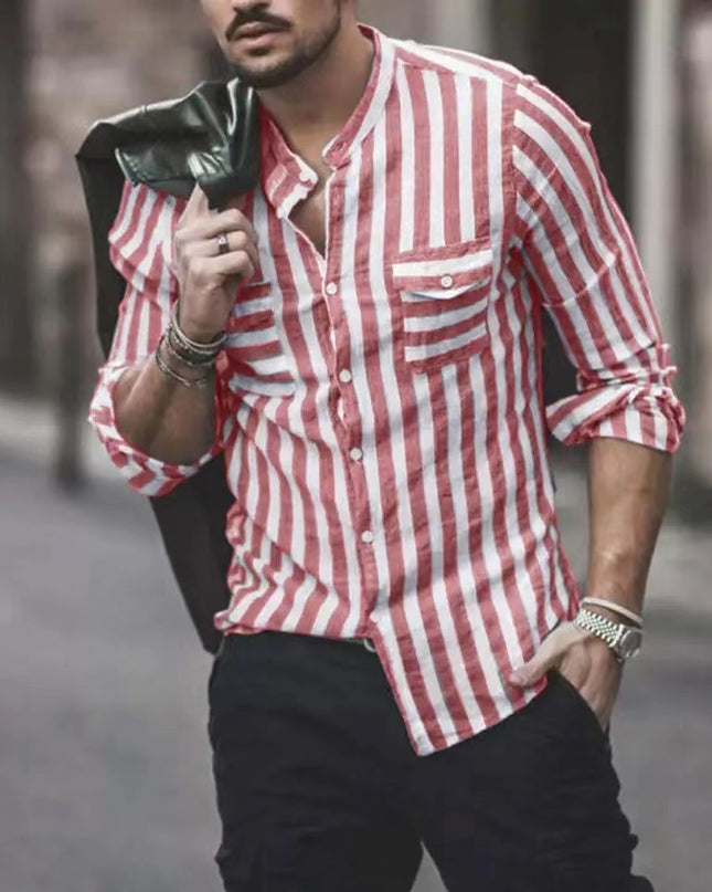 Striped Men's Stand Collar Long Sleeve Casual Shirt