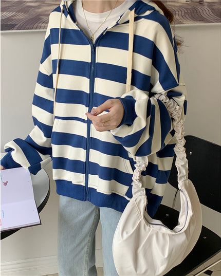 Striped Hooded Sweater Women's Loose Cardigan Zipper Coat